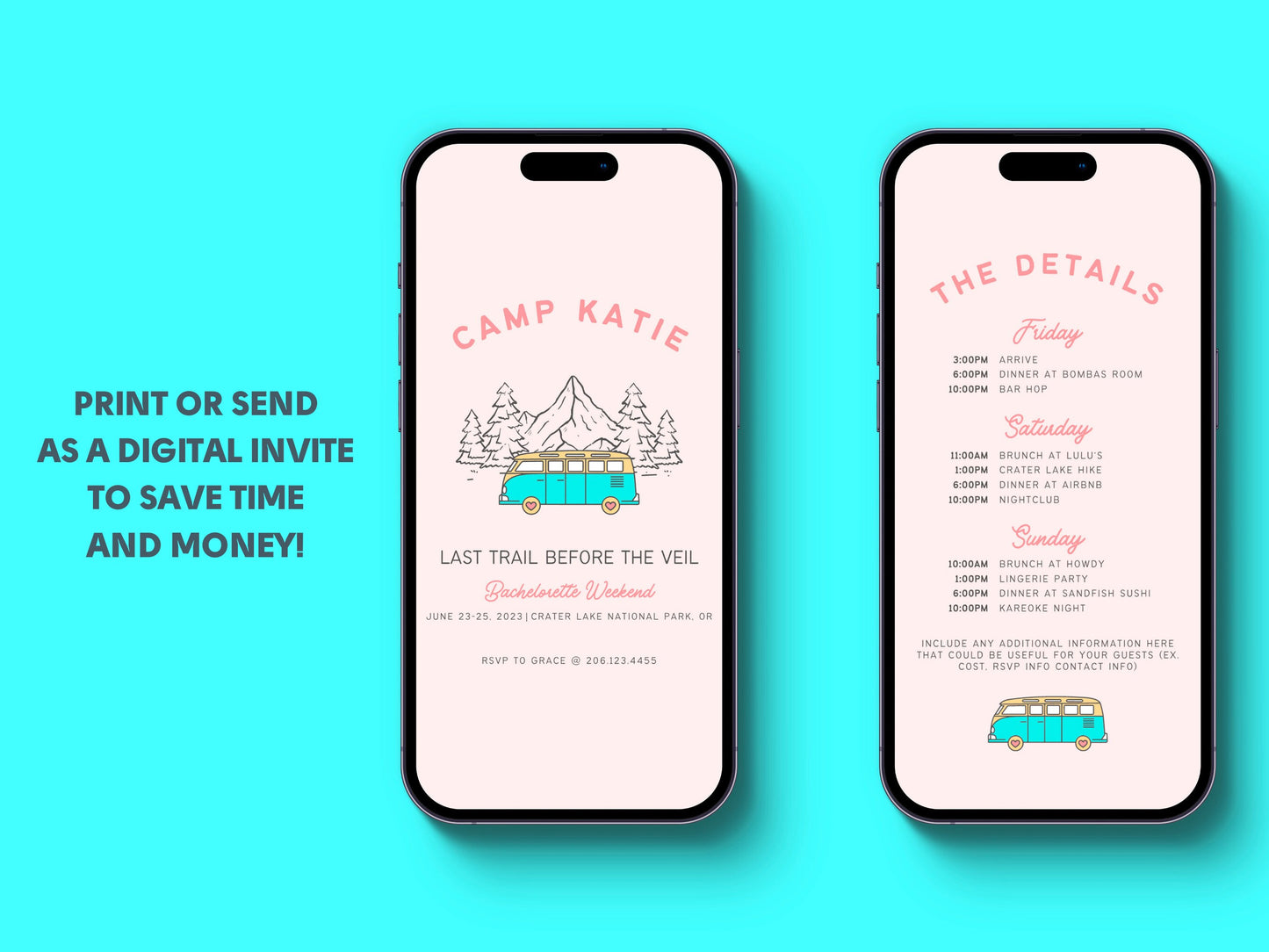 Camp Bachelorette Party Invitation and Itinerary, Last Trail Before The Veil, Canva Template