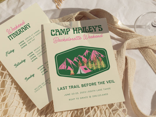 Camp Bachelorette Party Invitation and Itinerary, Mountain Bachelorette, Last Trail Before The Veil, Girl Trip Weekend