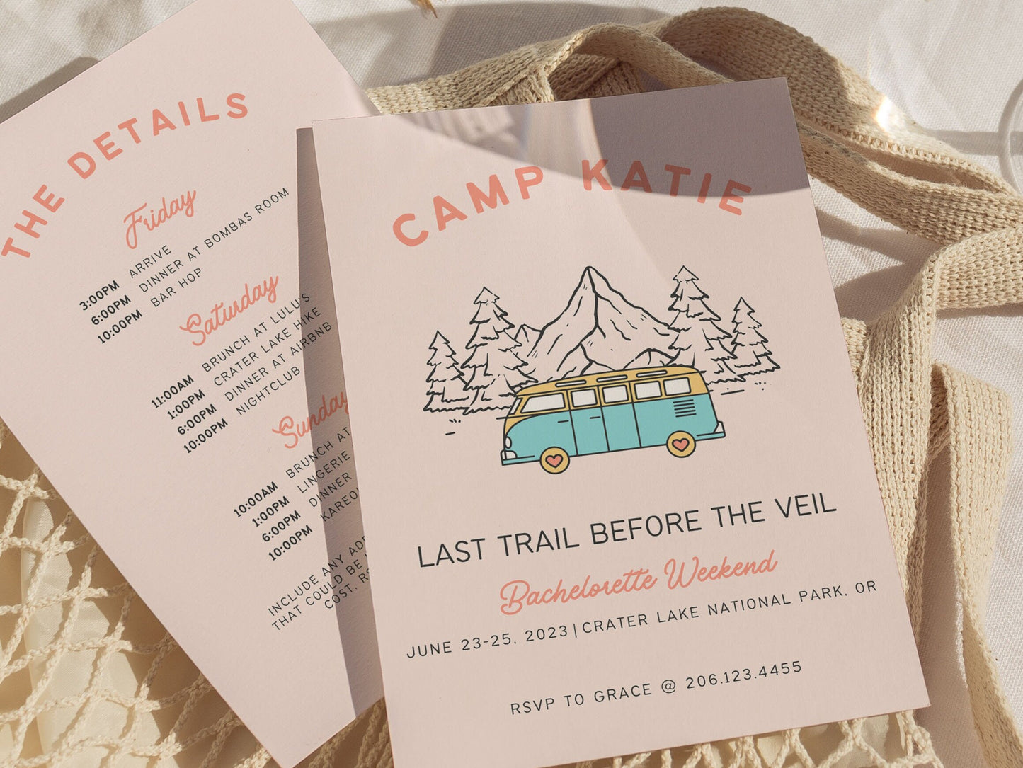 Camp Bachelorette Party Invitation and Itinerary, Last Trail Before The Veil, Canva Template