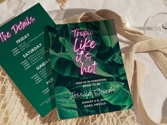 Beach Bachelorette Itinerary Template and Invite, Tropic Like It's Hot, Cabo Bachelorette, Girl Trip Weekend