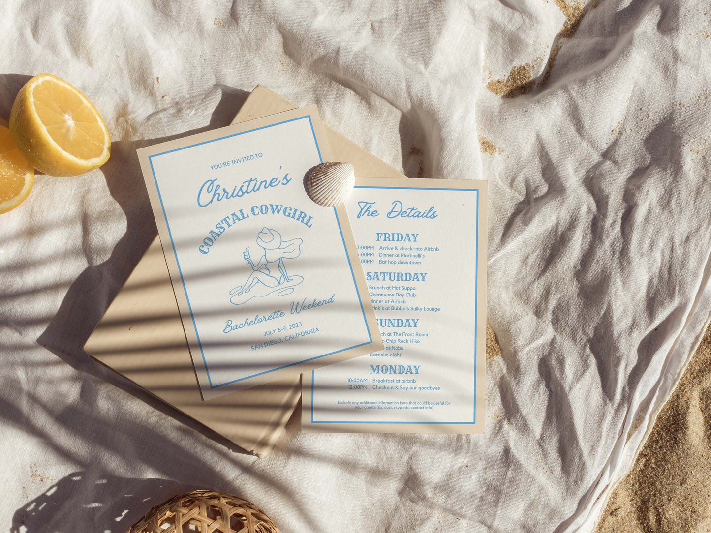 Coastal Cowgirl Bachelorette Invitation and Itinerary Template For Beach Bachelorette, Coastal Grandma, Canva Template