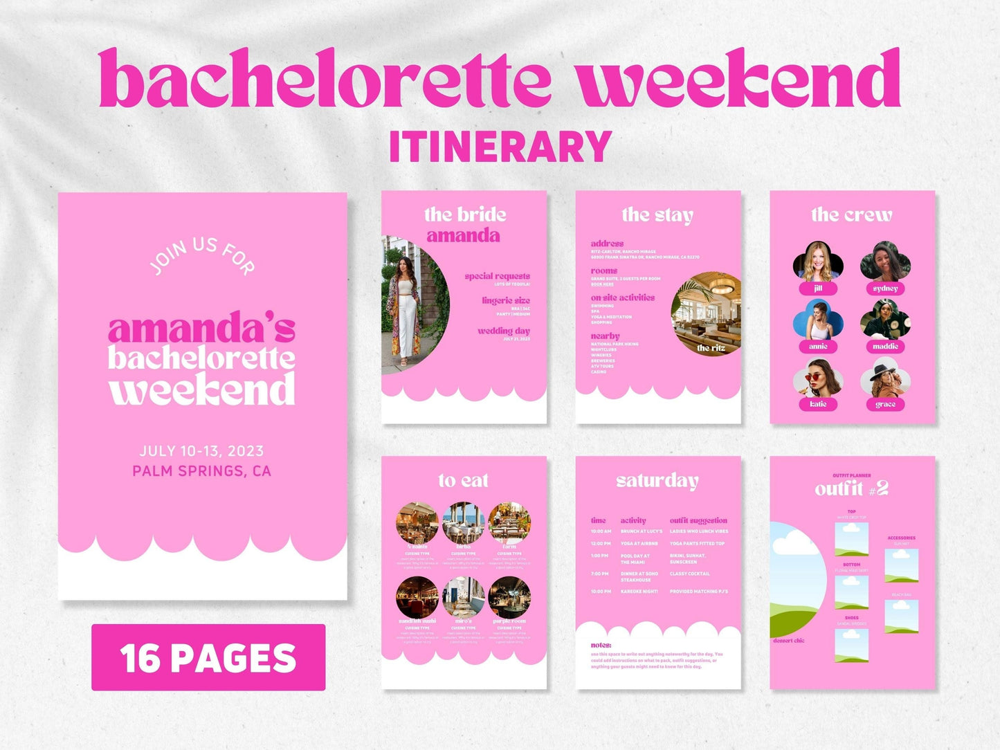 Bachelorette Itinerary Template For Palm Springs Bachelorette, Invitation Template Bundle, Bachelorette Weekend Planner, Canva Template