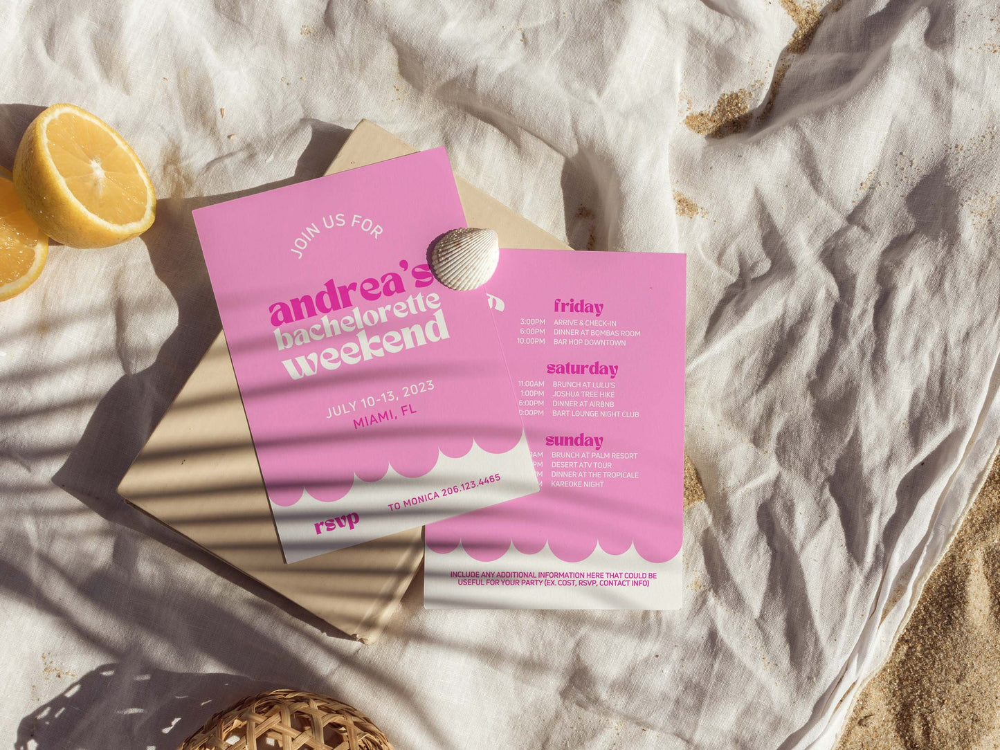 Miami Bachelorette Party Itinerary and Invite Template For Beach Bachelorette, Canva Template