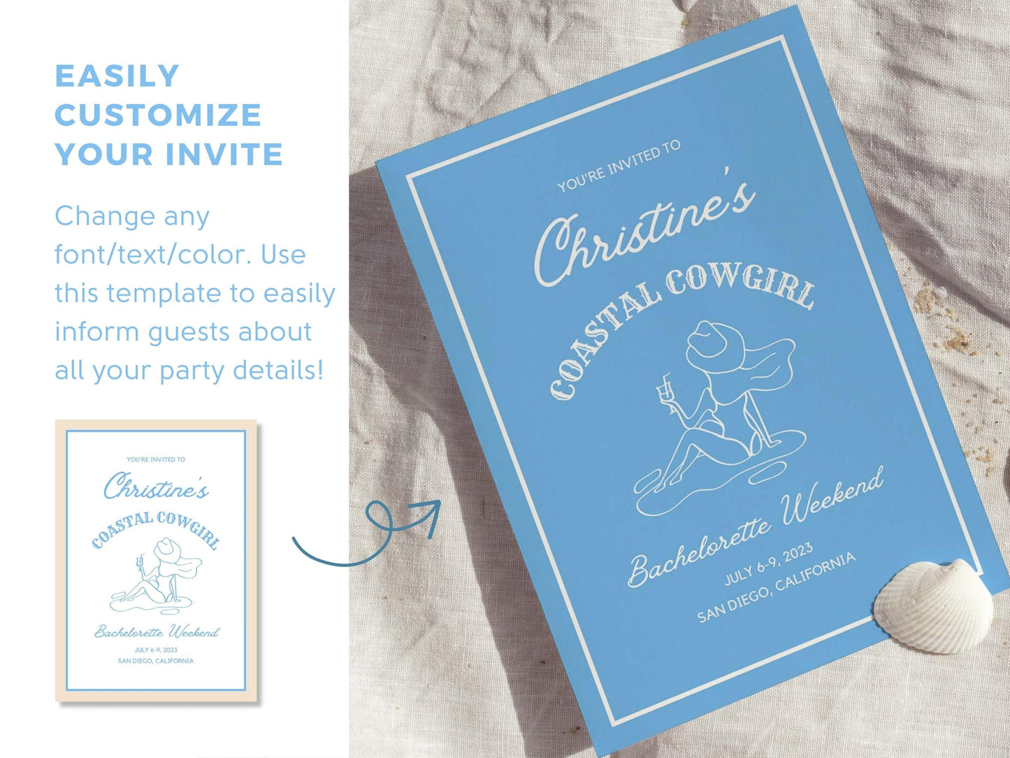 Coastal Cowgirl Bachelorette Invitation and Itinerary Template For Beach Bachelorette, Coastal Grandma, Canva Template