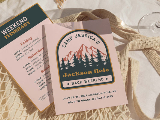 Camp Bachelorette Itinerary and Invite, Last Trail Before The Veil, Camping Theme Bachelorette Party, Canva Template