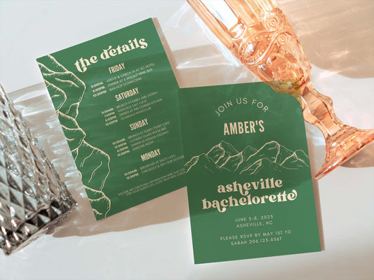 Asheville Bachelorette Itinerary, Editable Invite and Itinerary, Camping Theme Bachelorette Party, Canva Template