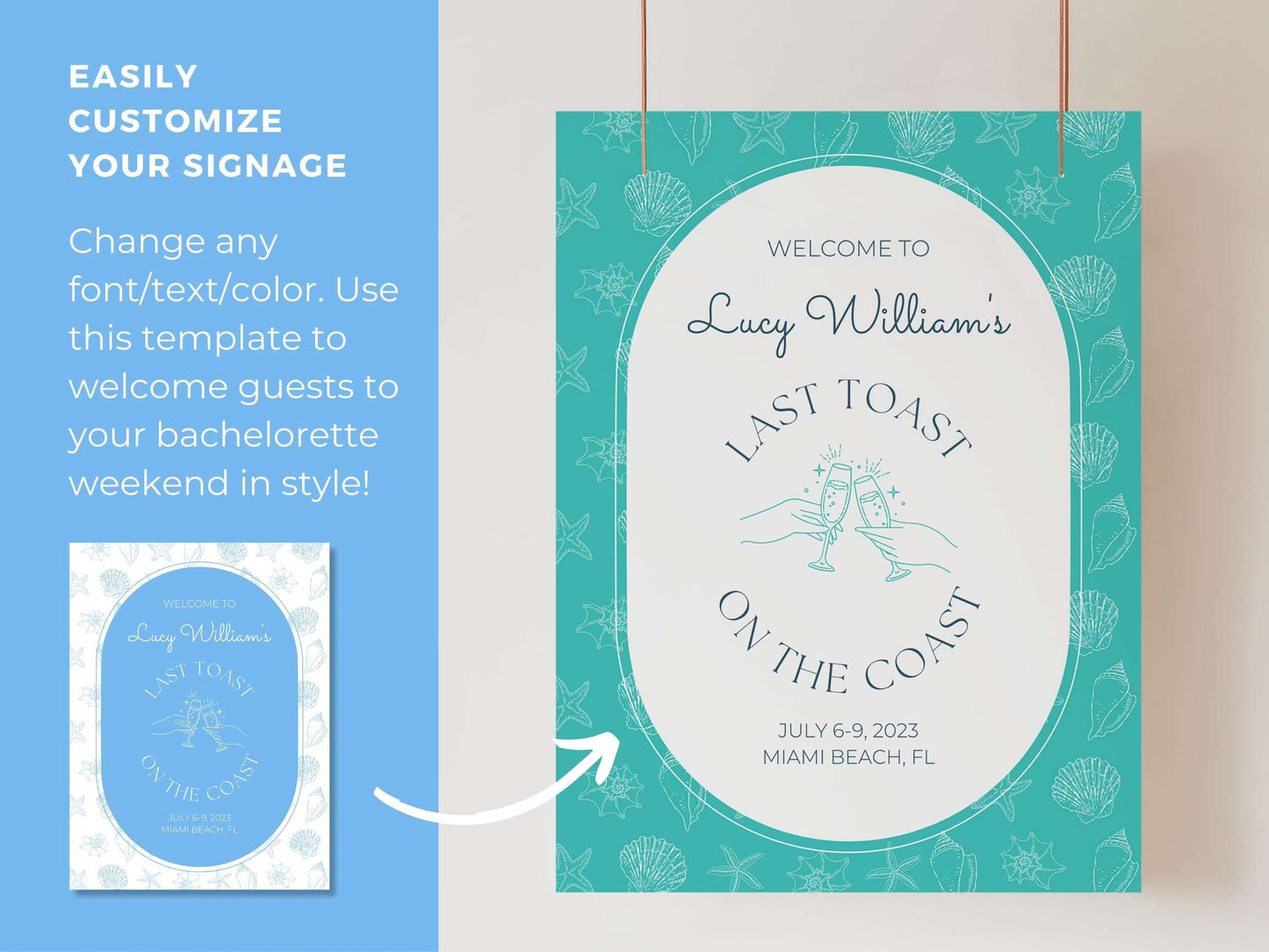 Coastal Grandma Welcome Sign For Beach Bachelorette Party, Last Toast On The Coast, Bachelorette Sign, Canva Template