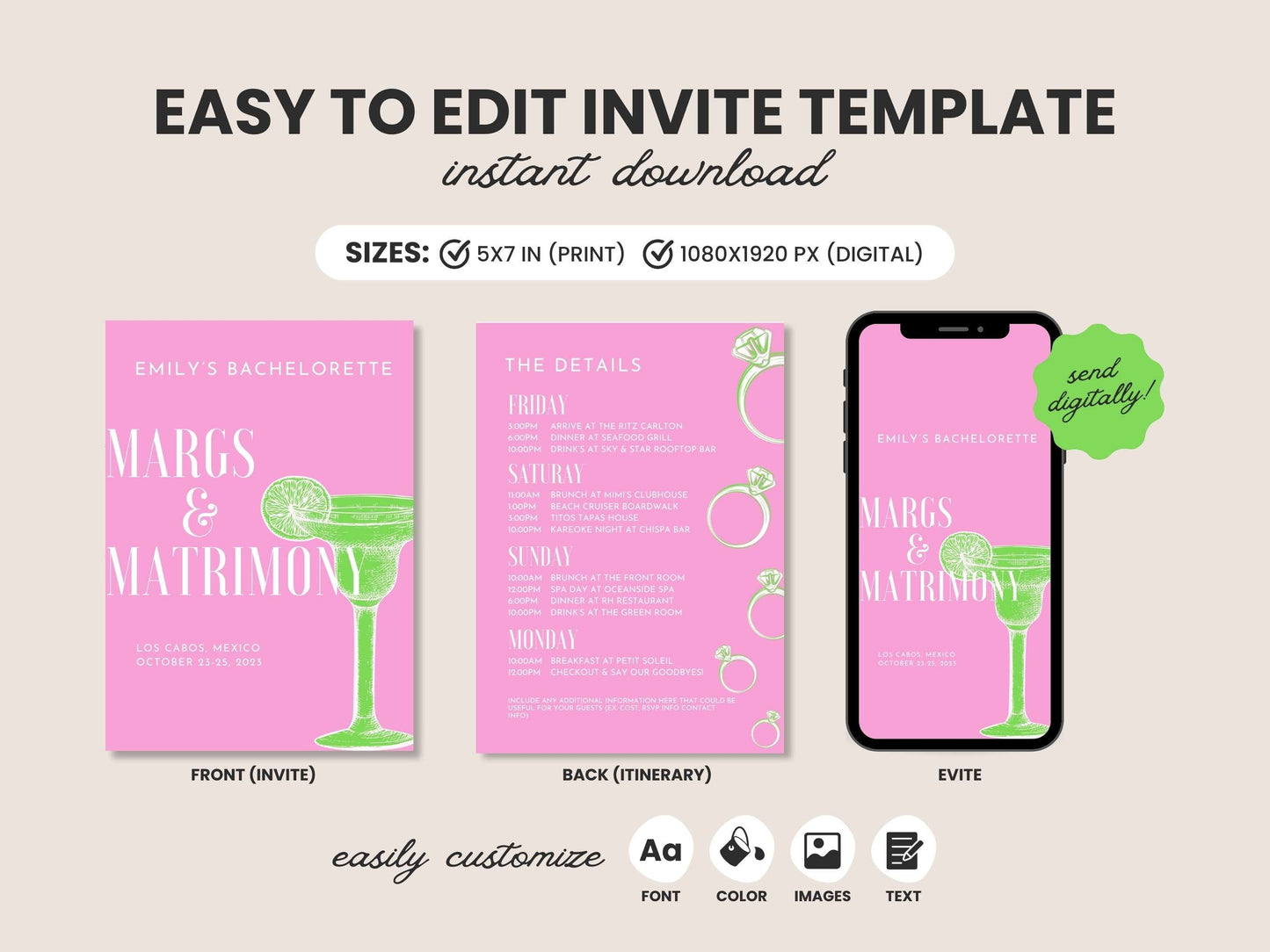 Margs and Matrimony Bachelorette Invitation and Itinerary, Beach Bachelorette, Editable Canva Template